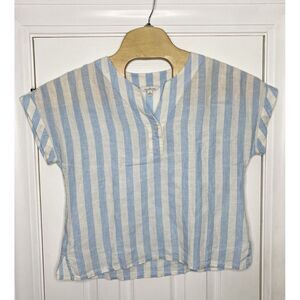 LL Bean Signature Short Sleeve Split‎ Neck Shirt Blue White Stripes Small Linen